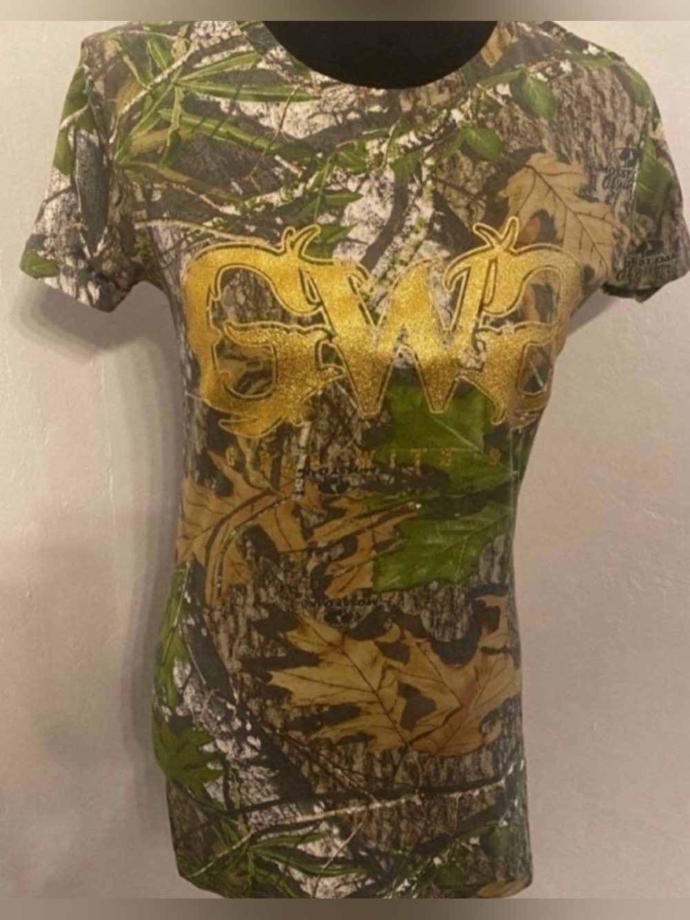 Brand New Women’s Camo Graphic Tee with Gold Logo (Size S)